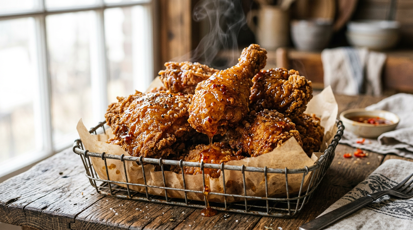 Golden crispy broasted chicken pieces glazed with spicy honey syrup in a metal basket on a wooden table