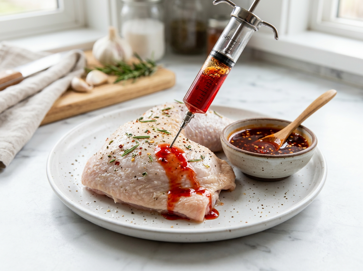 Marinade injector filling a raw chicken thigh with spicy red honey syrup beside a small bowl of chilli syrup