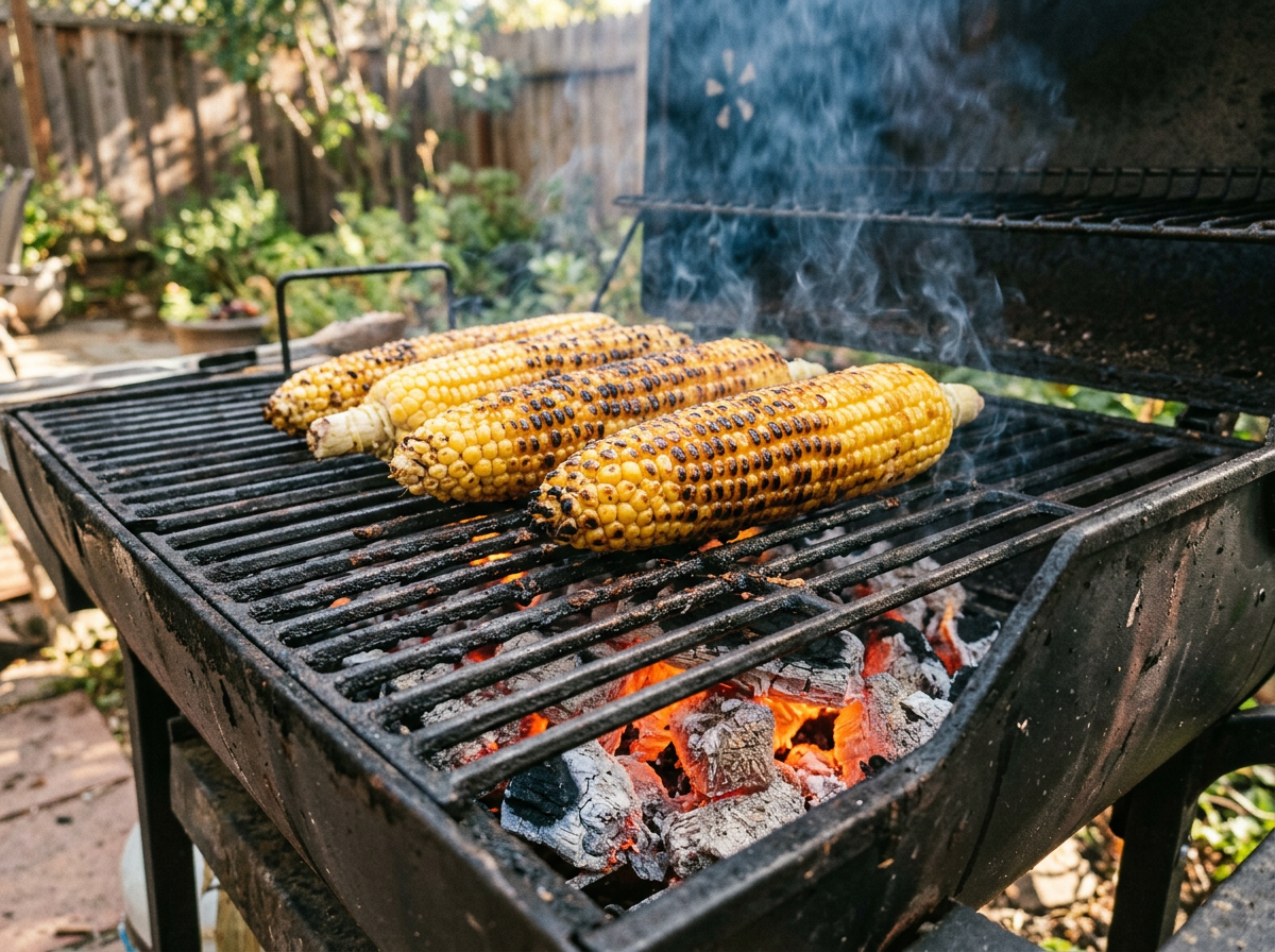 Ears of shucked sweet corn charring on a hot charcoal grill with glowing embers and rising smoke