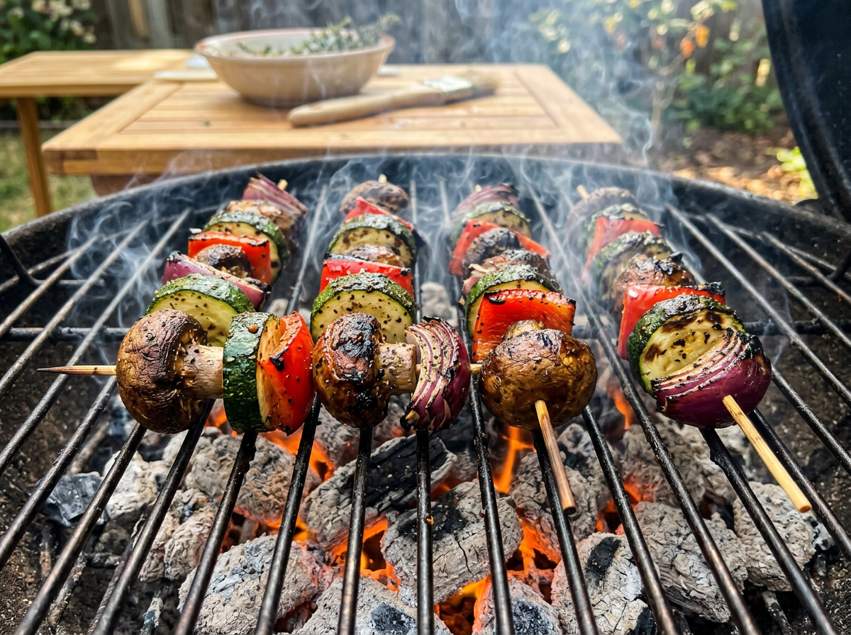 Vegetable skewers with zucchini, red pepper, mushroom, and red onion charring over glowing charcoal