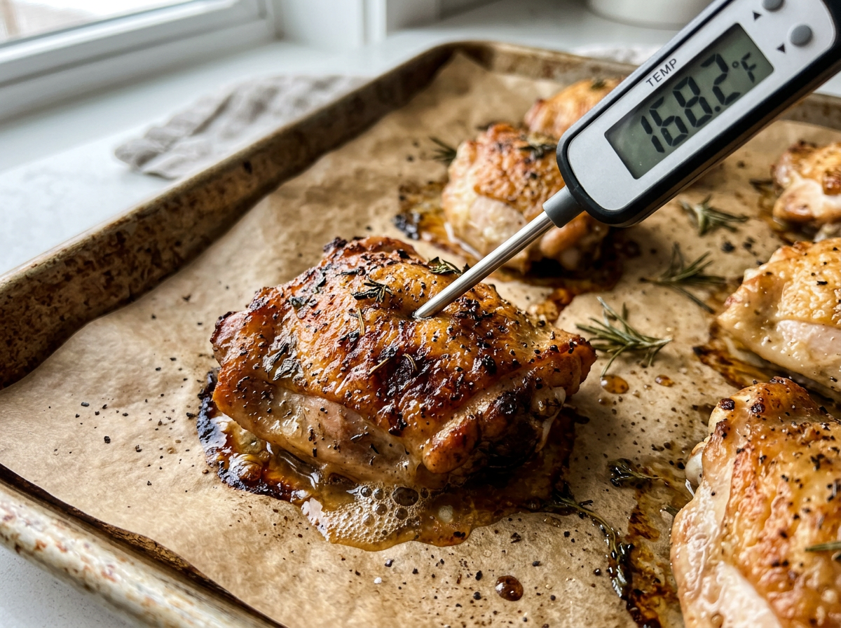 Instant-read thermometer inserted into a baked chicken thigh on a parchment lined sheet pan