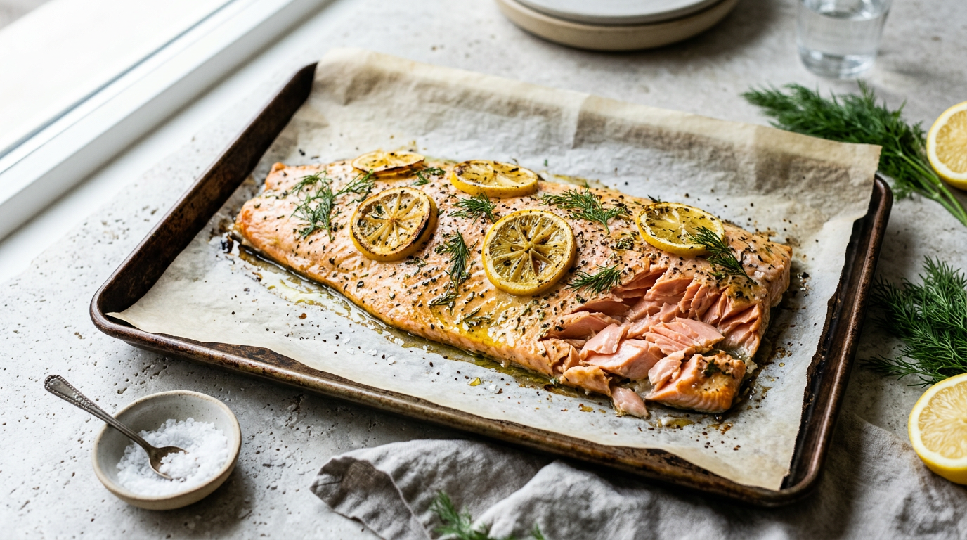 Baked salmon fillet on parchment-lined sheet pan topped with lemon slices and dill, flaked open to show moist pink layers