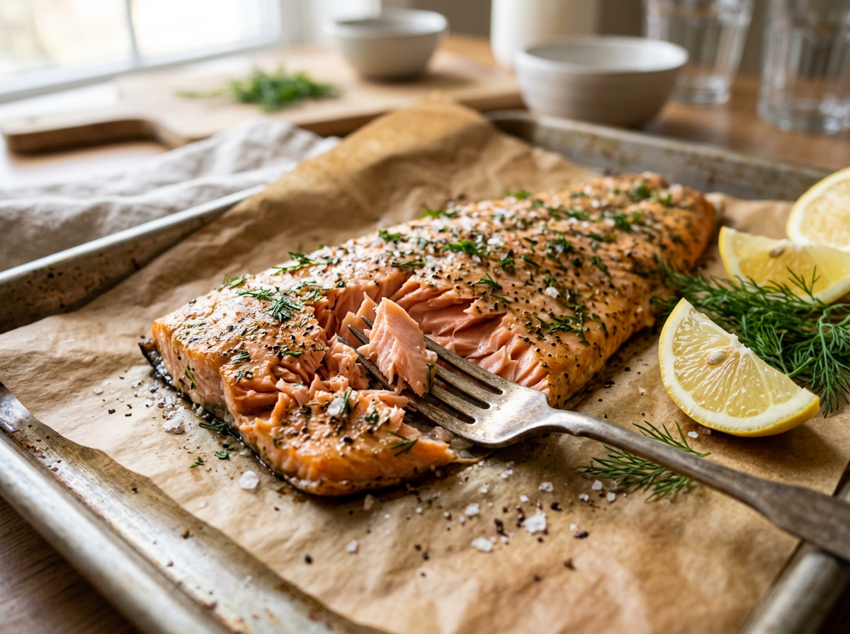 Fork flaking apart a baked salmon fillet on parchment, showing moist pink layers with dill, cracked pepper and lemon wedges