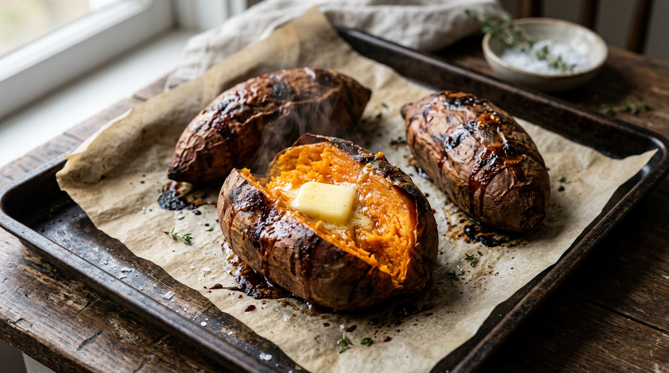 Baked sweet potatoes on a parchment lined sheet pan, one split open with steaming orange flesh and melting butter
