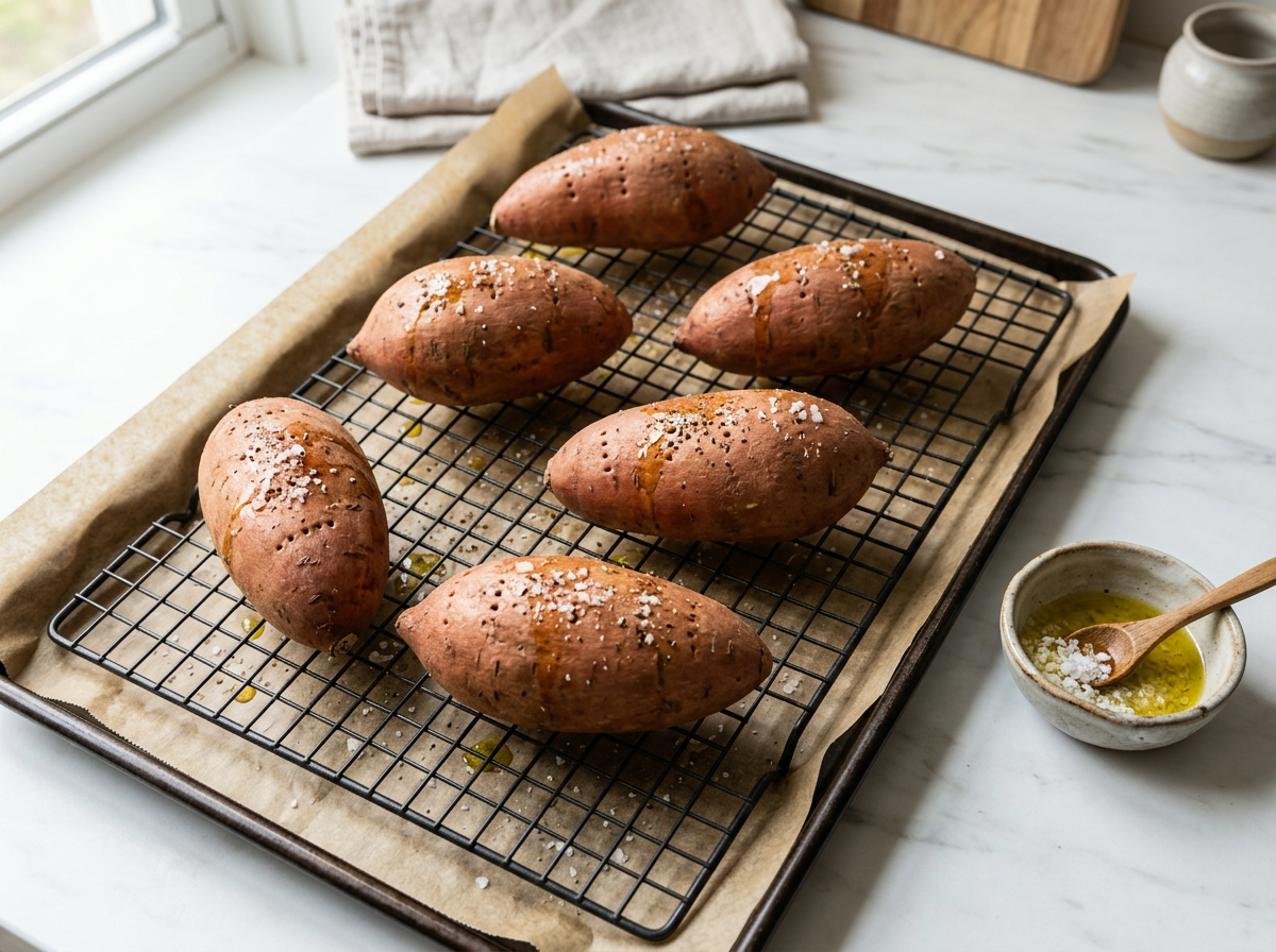 Raw scrubbed sweet potatoes pierced with a fork, rubbed with oil and flaky salt, resting on a wire rack over a lined sheet pan