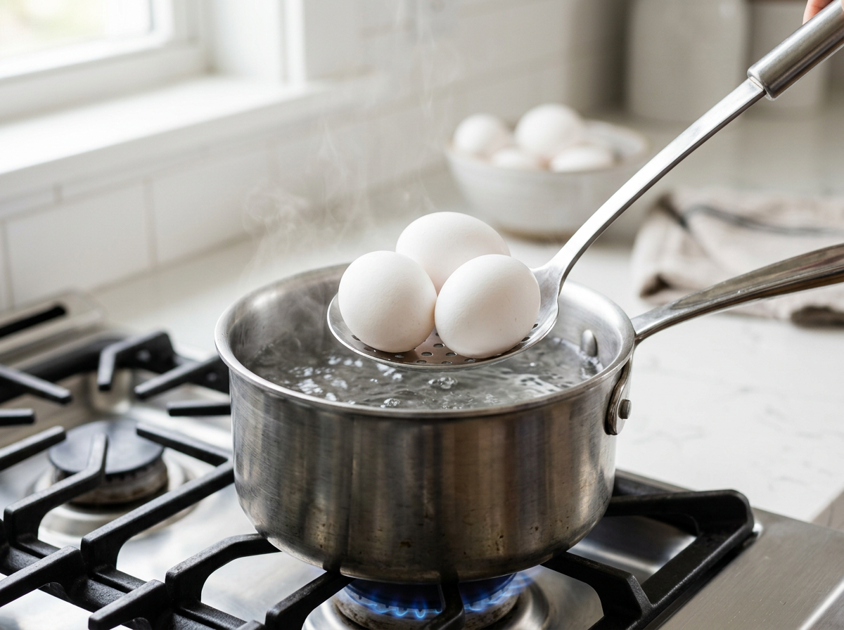 Three white eggs being lowered with a slotted spoon into a small saucepan of gently boiling water on a stovetop with steam rising