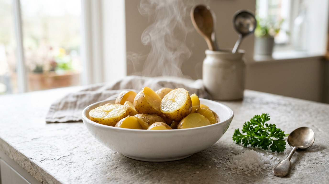 Bowl of freshly boiled halved Yukon Gold potatoes with steam rising, beside coarse salt and parsley on a stone counter