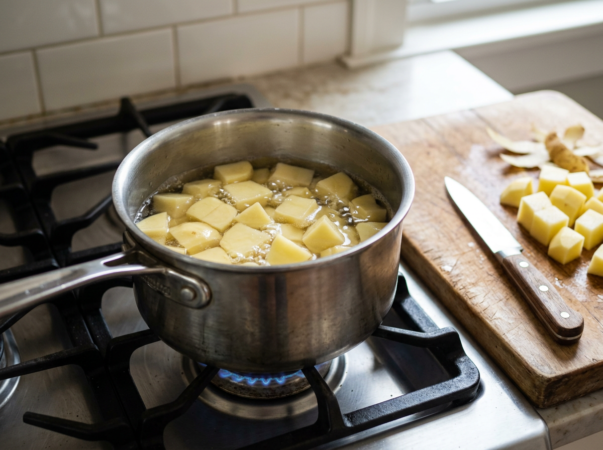 Saucepan of evenly cut peeled potato cubes starting to simmer in salted water, with a paring knife and cut potatoes on a wooden board
