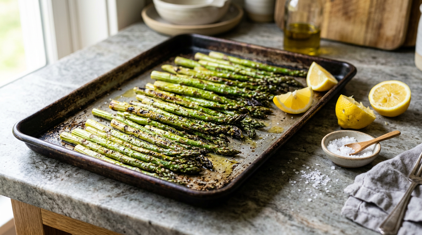 Roasted green asparagus spears in a single layer on a sheet pan with lightly charred tips, lemon wedges and flaky salt beside them