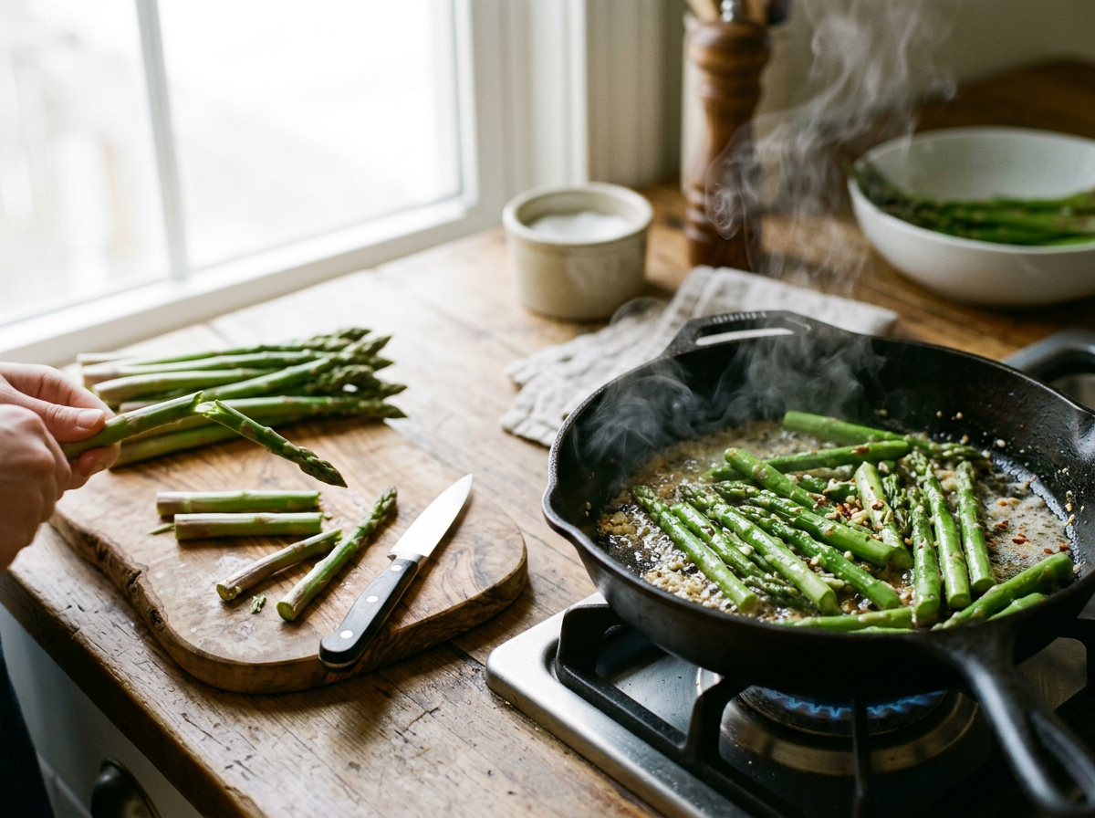 Fresh asparagus spears trimmed on a wooden board next to a cast iron skillet of asparagus sautéing in butter with garlic