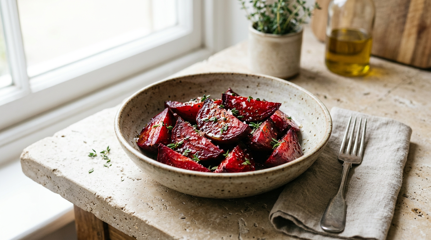 Bowl of roasted red beet wedges glazed with olive oil, flaky salt, and fresh thyme on a stone counter