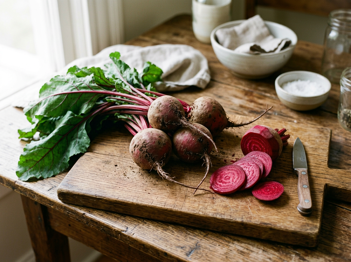 Raw red beets with leafy greens attached on a wooden board beside sliced beet rounds and a paring knife