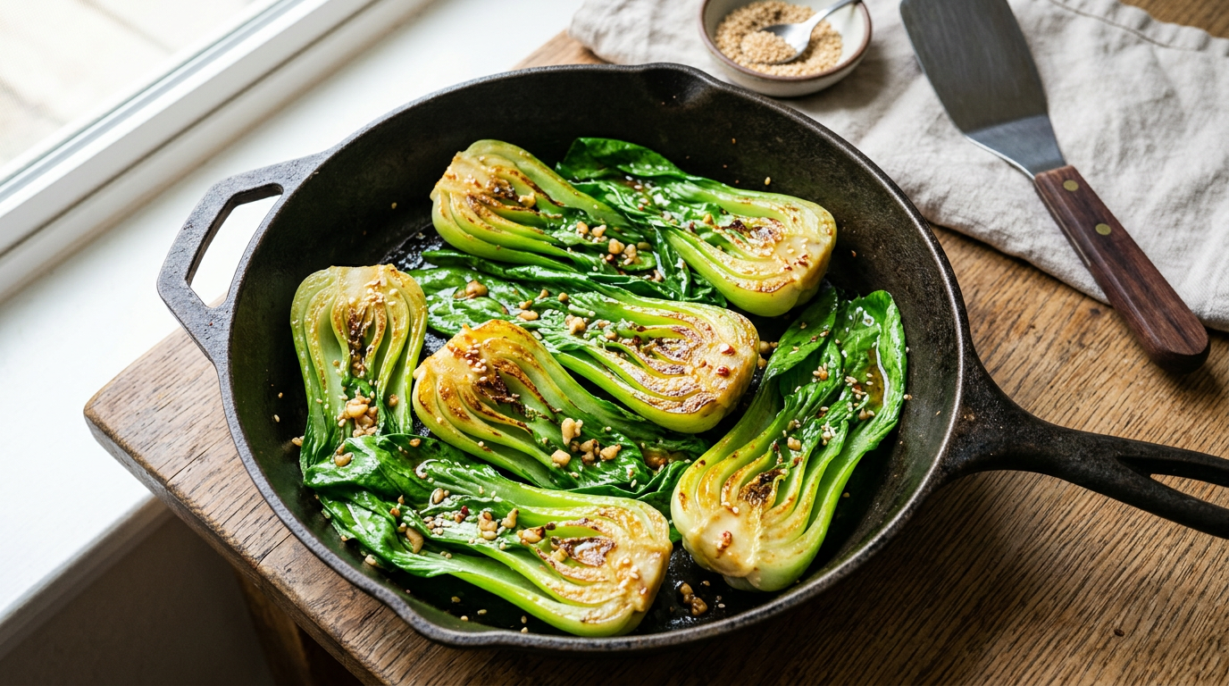 Halved baby bok choy seared golden in a cast iron skillet with garlic and sesame seeds