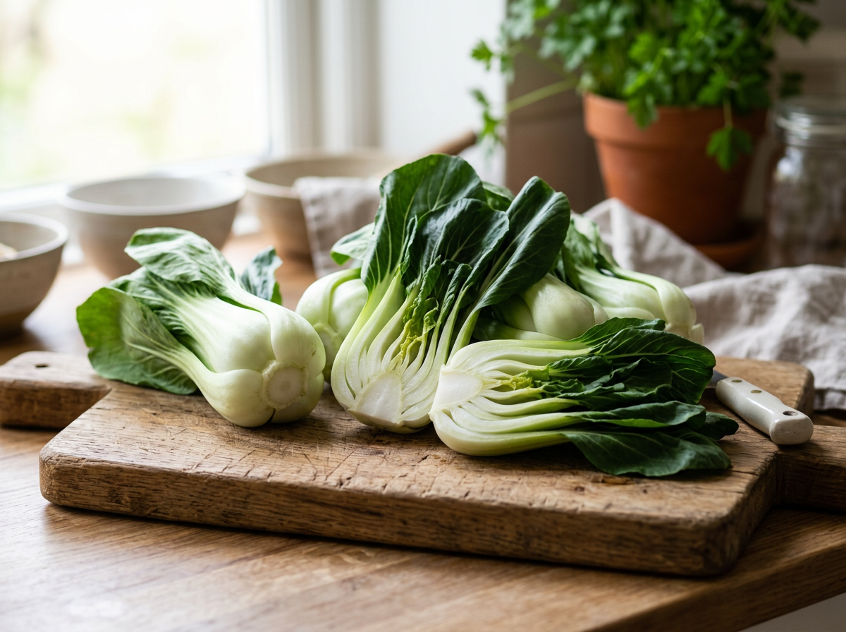 Fresh bok choy heads on a wooden board with one head halved lengthwise showing white stalks and green leaves