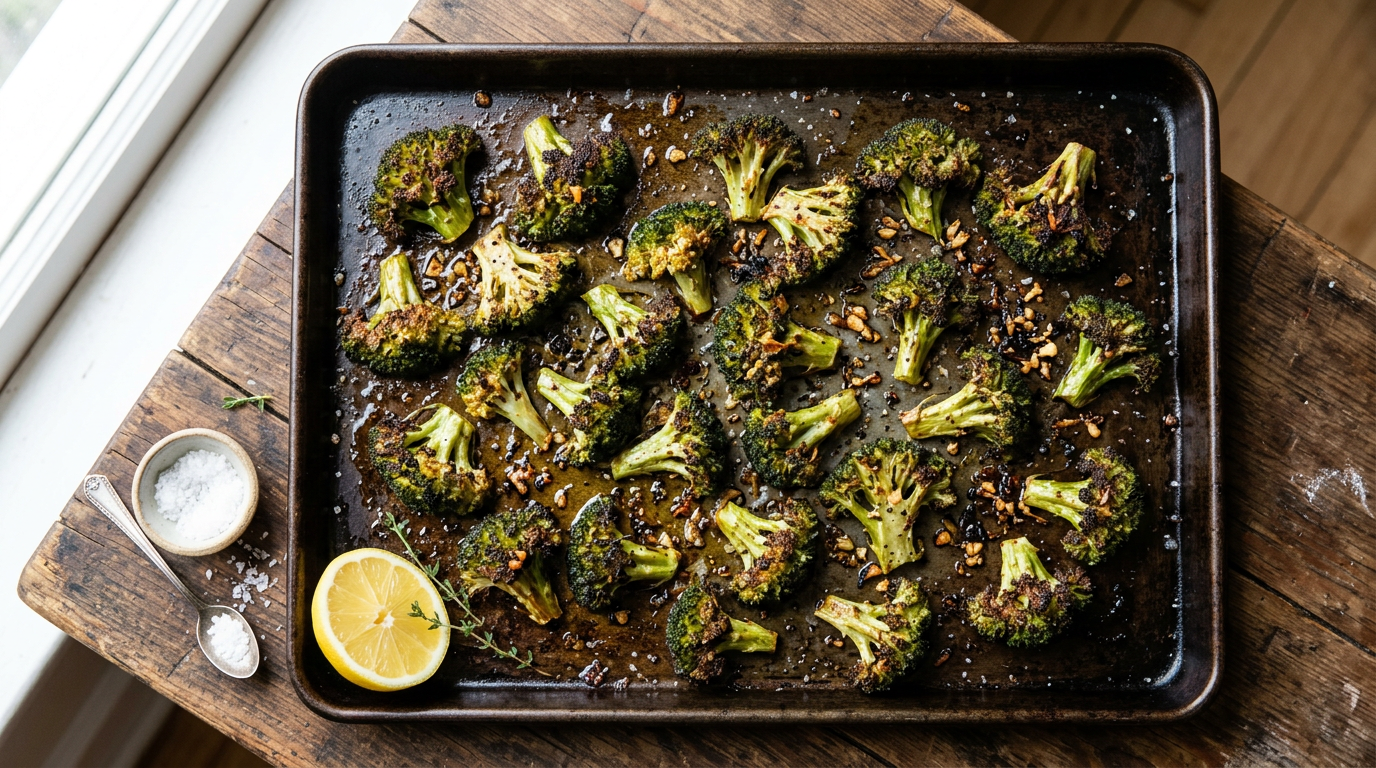 Roasted broccoli florets on a dark sheet pan with charred crisp tips, flaky salt, and a lemon wedge