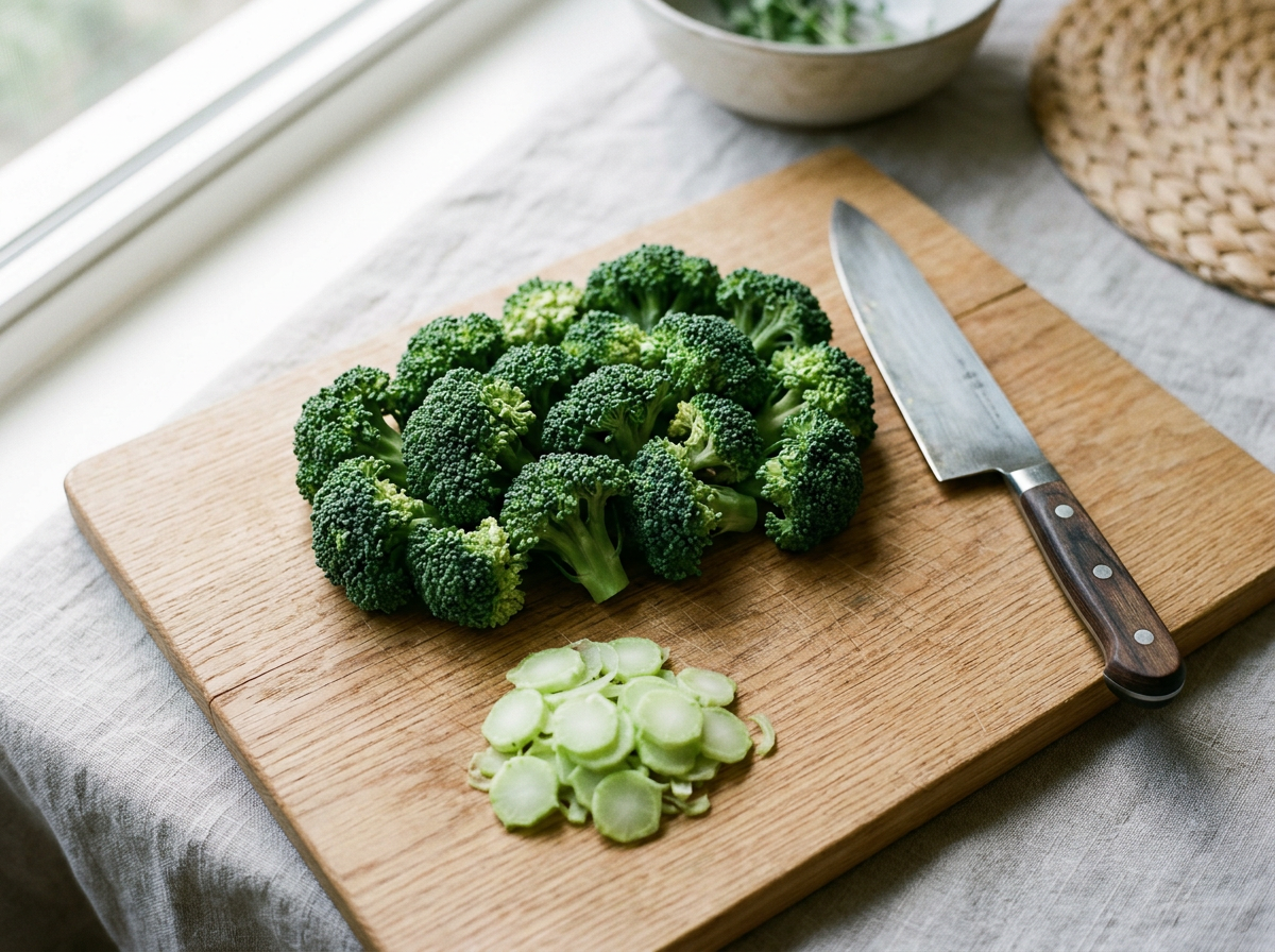 Fresh raw broccoli cut into even florets on a wooden board with a chef knife and a pile of peeled stem coins