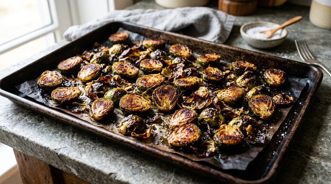 Roasted Brussels sprout halves on a dark sheet pan with deeply caramelized cut sides and crisp loose outer leaves