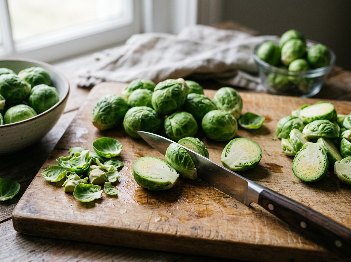 Raw Brussels sprouts being trimmed and halved through the stem with a chef knife on a wooden cutting board
