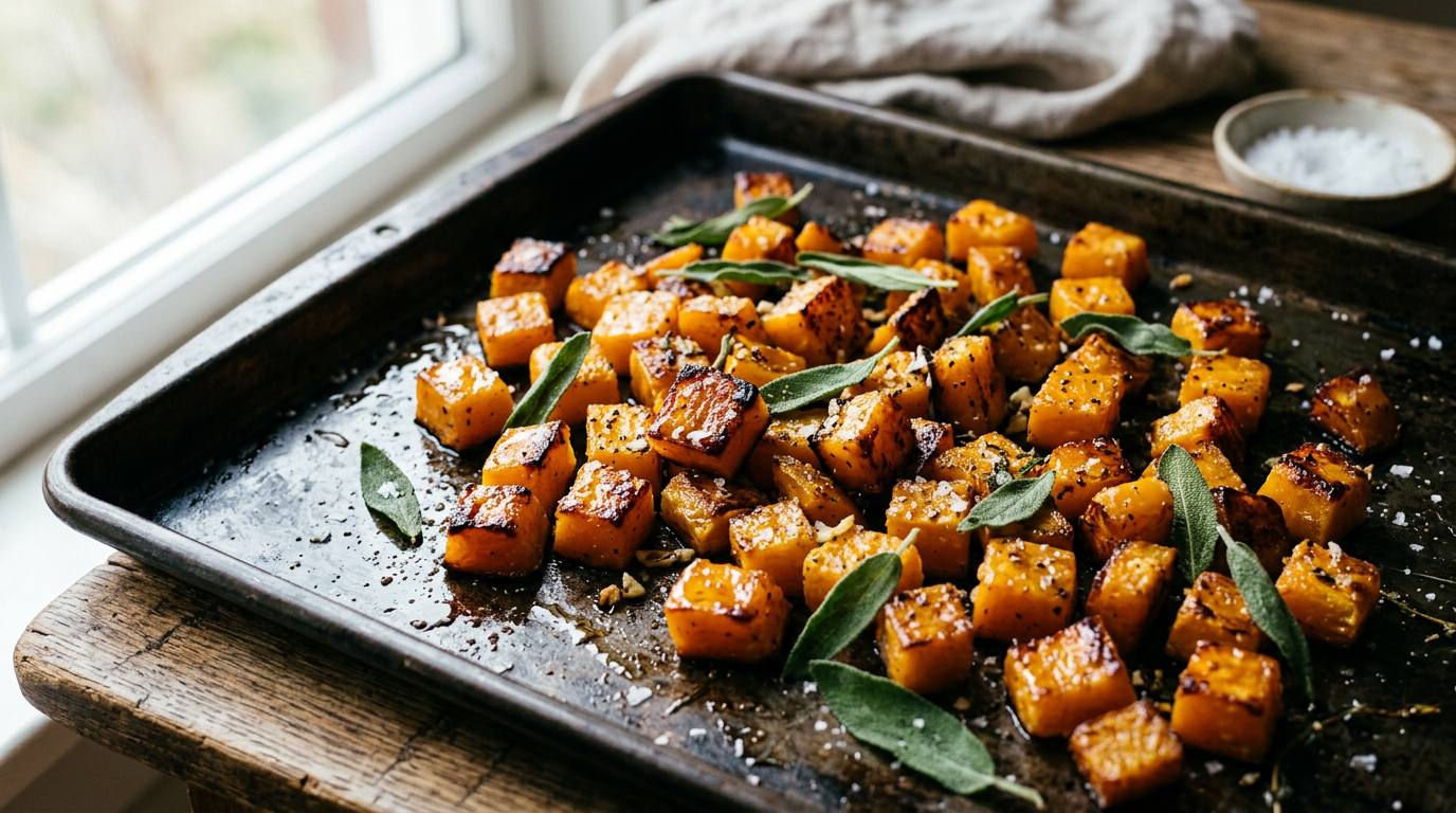 Roasted butternut squash cubes on a dark sheet pan with caramelized golden edges, fresh sage leaves, and flaky salt