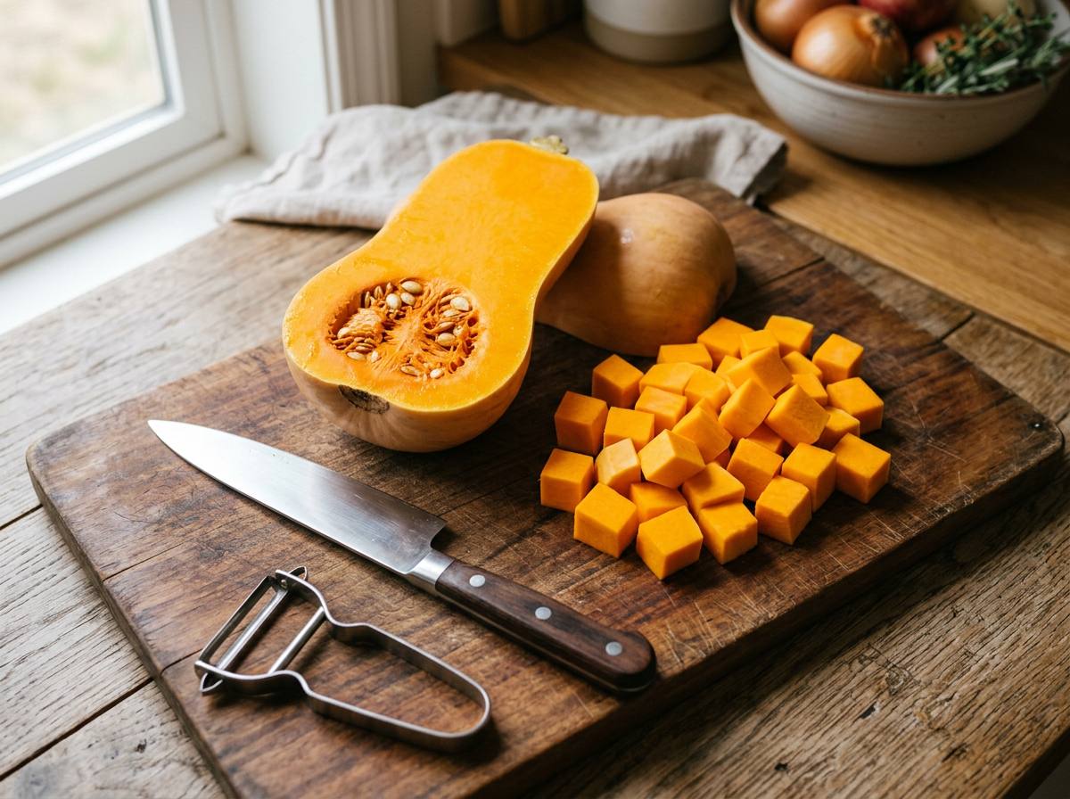 A butternut squash halved lengthwise on a wooden board showing orange flesh and seeds, next to peeled one inch cubes, a chef knife, and a peeler