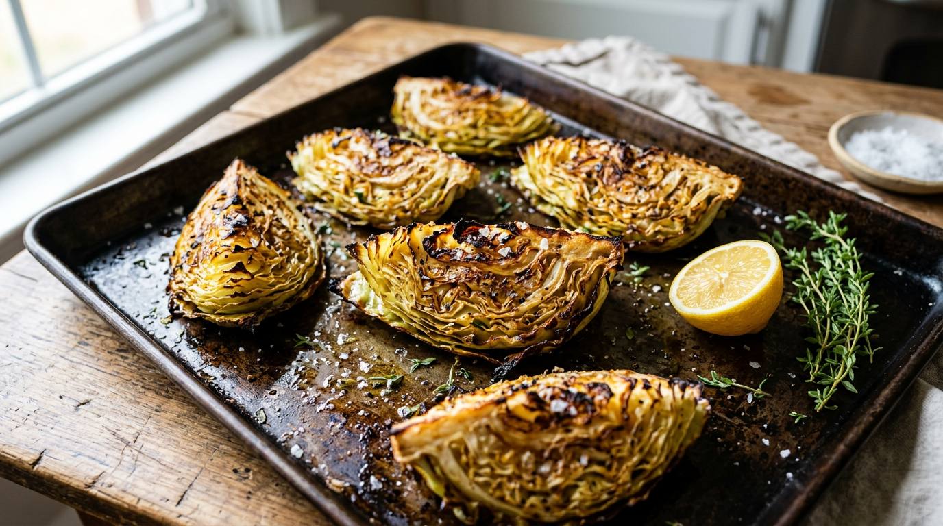 Roasted green cabbage wedges on a dark sheet pan with caramelized golden edges, flaky salt, thyme, and a lemon half