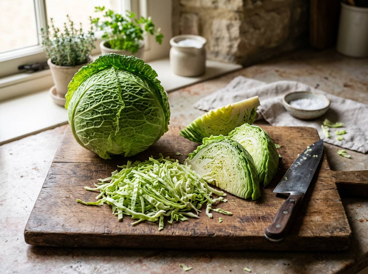 A head of green cabbage on a wooden board, part cut into thick wedges and part shredded into thin ribbons beside a chef knife