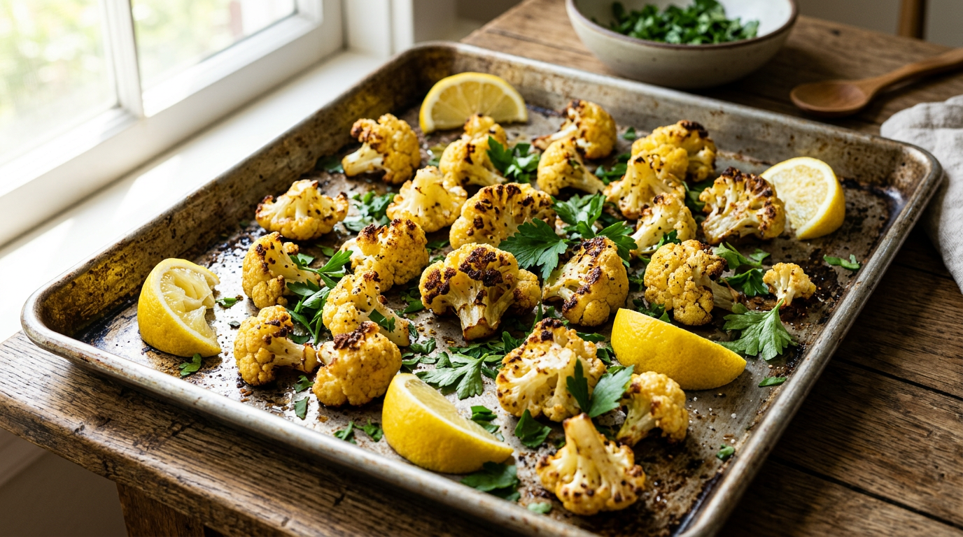 Roasted cauliflower florets with deeply browned caramelized edges on a rimmed sheet pan with lemon wedges and parsley