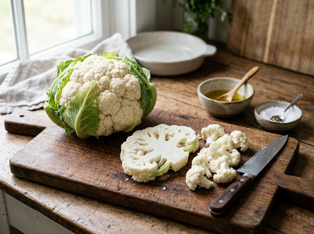 Whole white cauliflower head on a wooden board next to a thick cauliflower steak slice, even florets, a chef knife, olive oil and salt