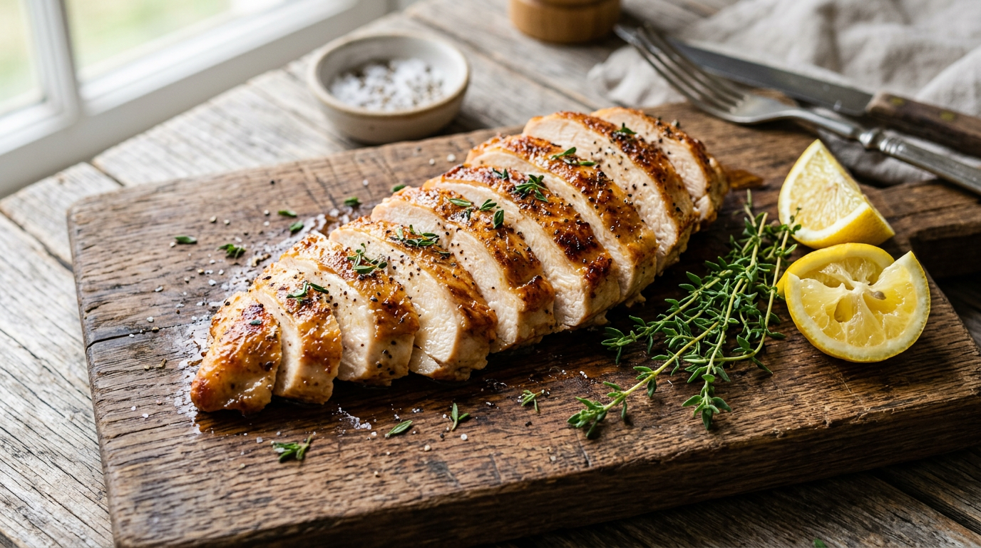 Sliced golden pan-seared chicken breast on a wooden board with thyme sprigs and lemon wedges in bright daylight