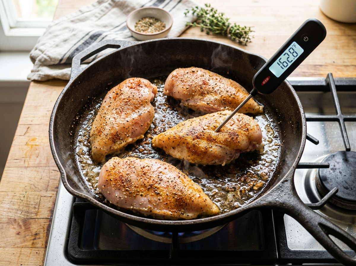 Seasoned chicken breasts searing in a cast iron skillet with an instant-read thermometer inserted into the thickest part