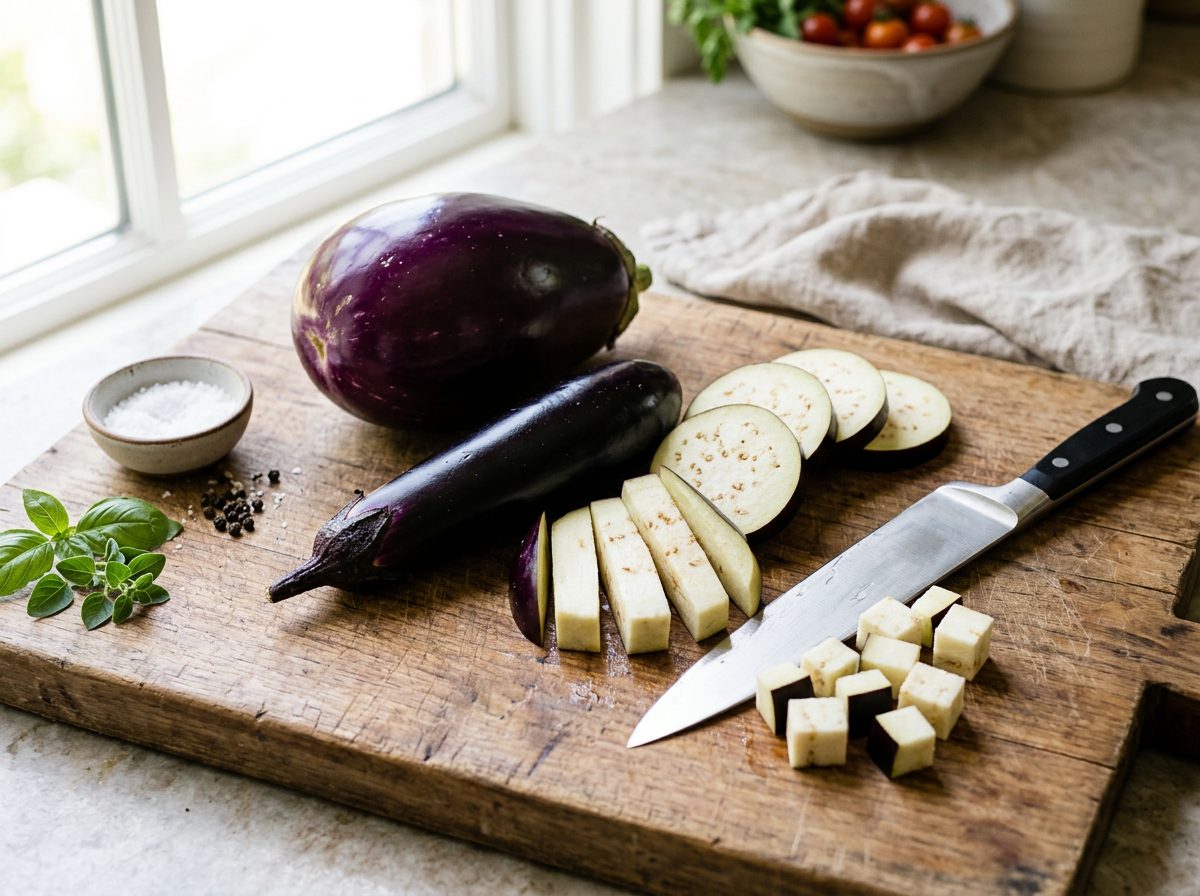 Whole purple globe eggplant and slender Japanese eggplant on a wooden board sliced into rounds, planks and cubes beside a chef knife
