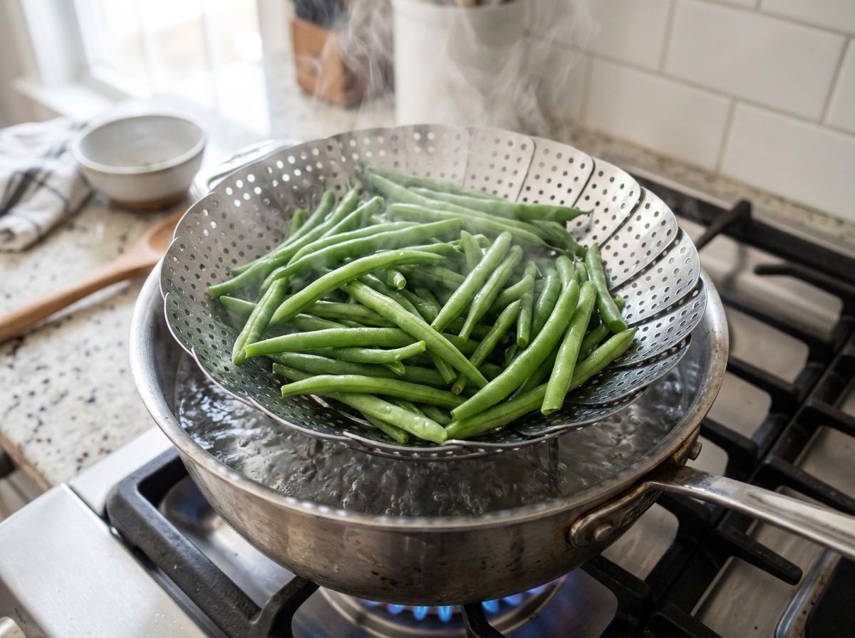 Fresh trimmed green beans in a stainless steel steamer basket over simmering water with steam rising