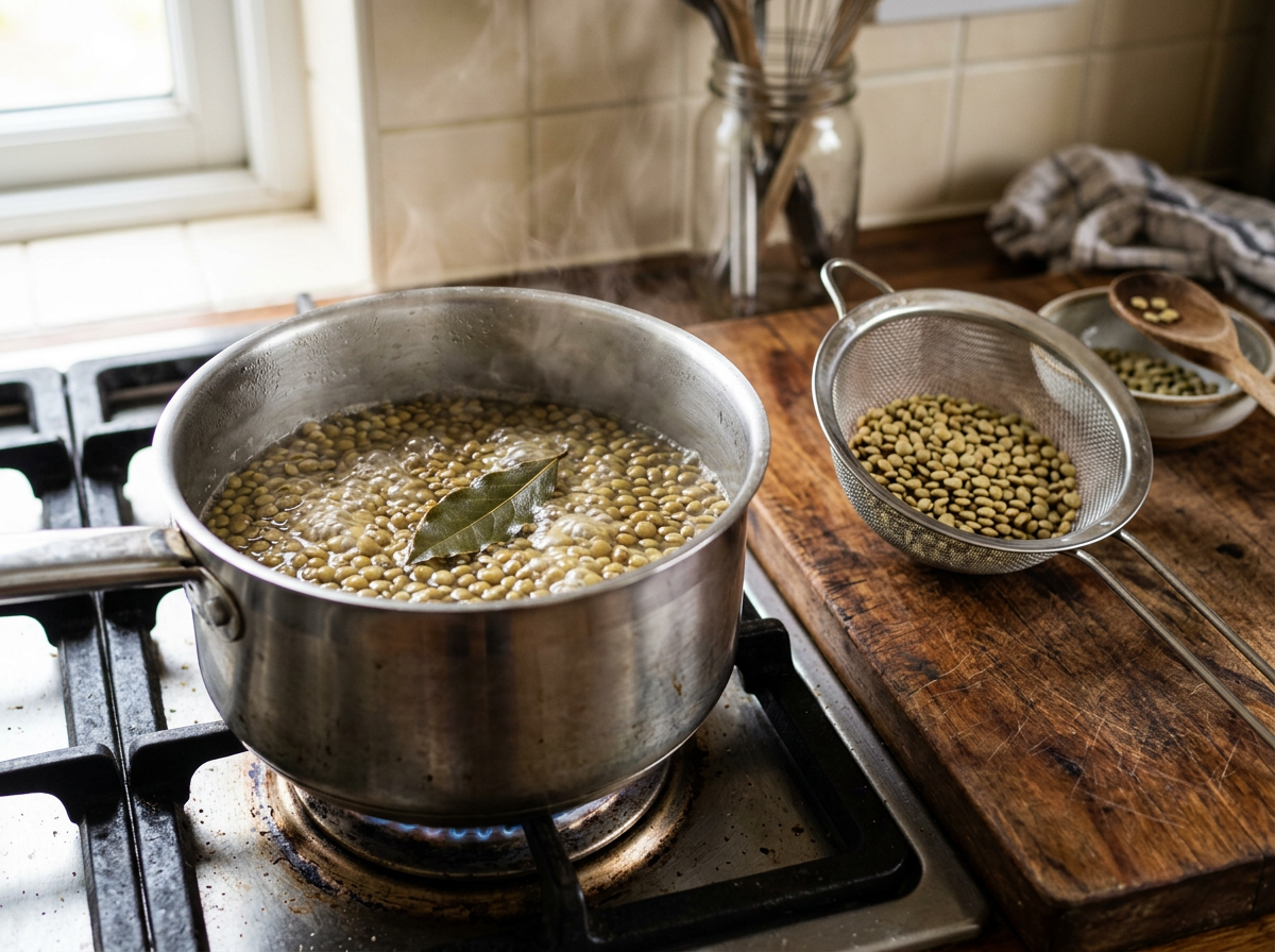 Saucepan of green lentils simmering gently in water with a bay leaf, next to a mesh strainer of rinsed dry lentils