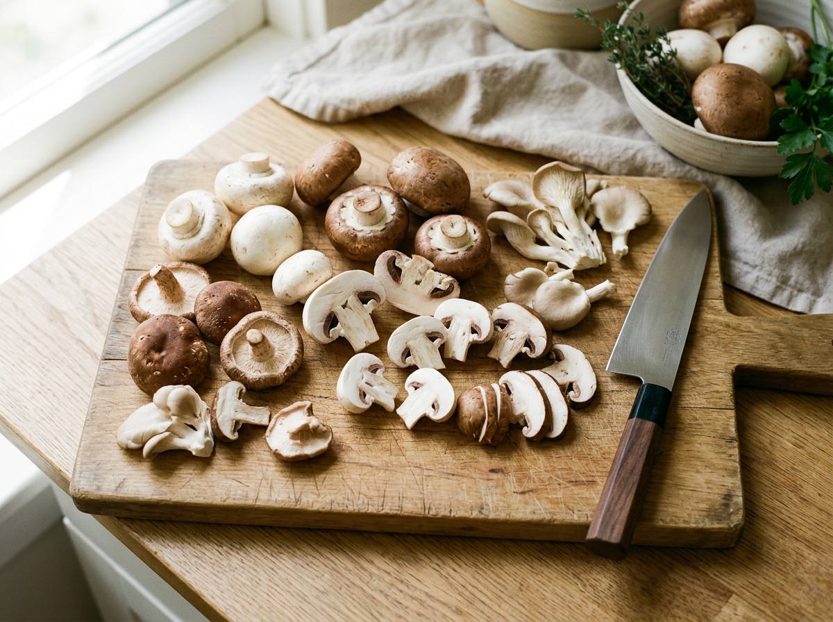 Whole and sliced button, cremini, shiitake and oyster mushrooms grouped on a wooden cutting board beside a chef knife