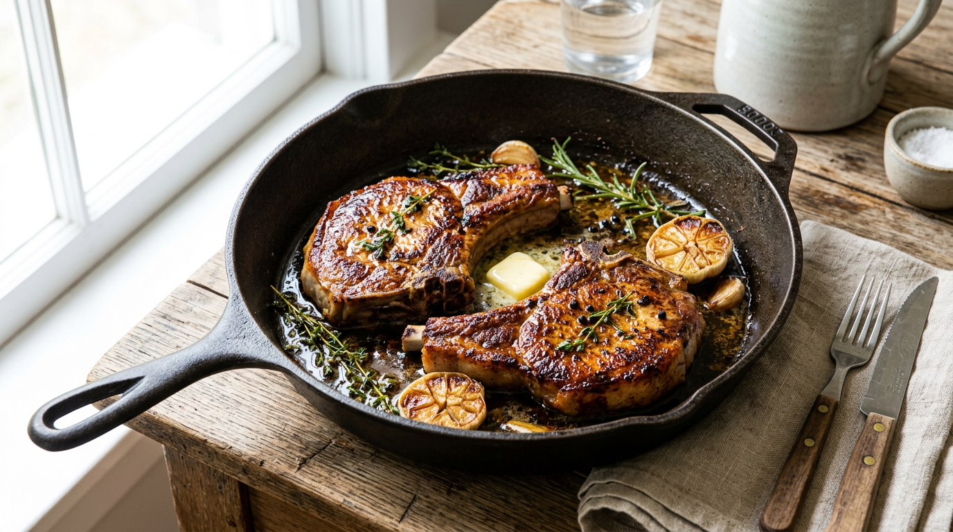 Two thick bone-in pork chops seared golden brown in a cast iron skillet with butter, garlic and thyme