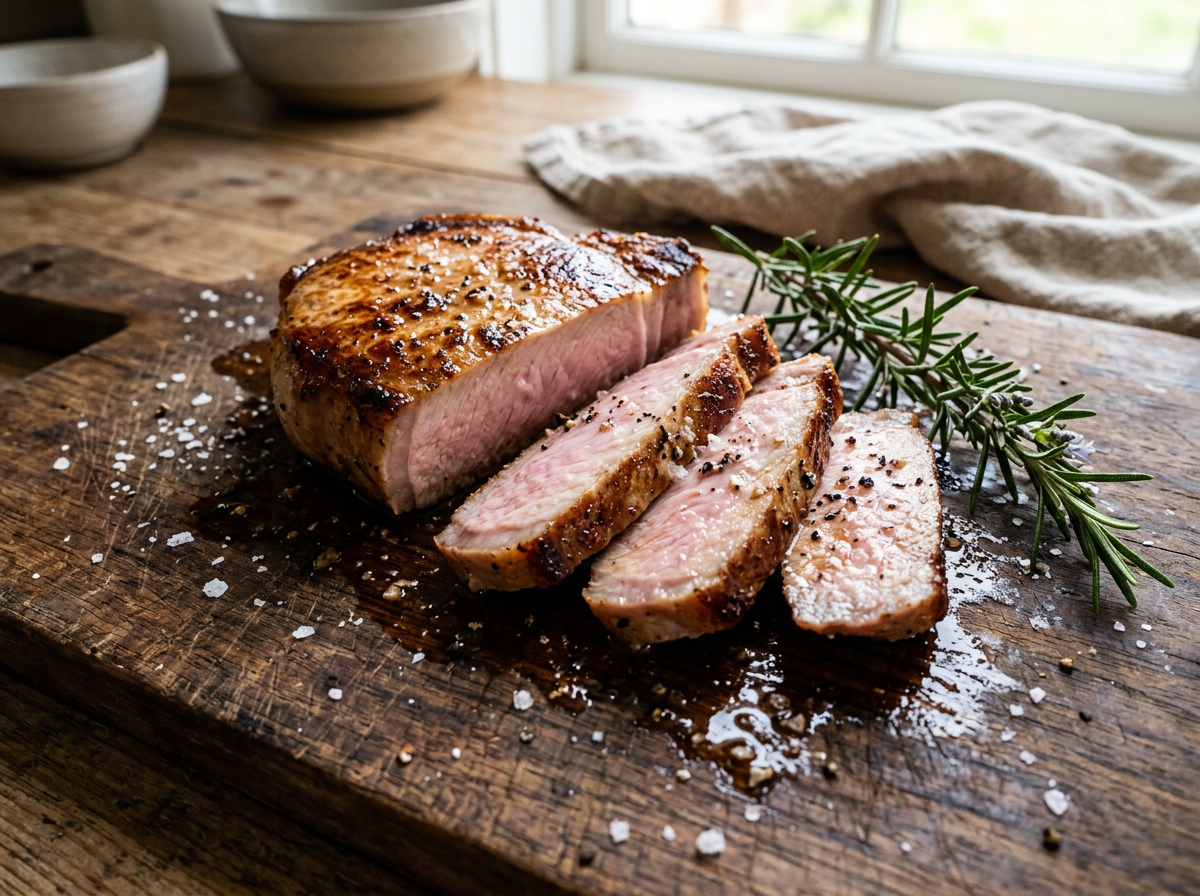 Sliced pork chop on a wooden board showing a juicy blush pink center with salt, pepper and rosemary