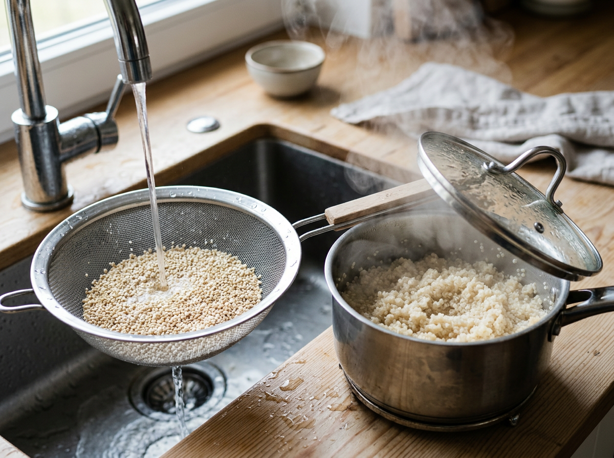 White quinoa being rinsed in a fine mesh sieve next to a saucepan of quinoa simmering with the lid tilted and steam rising