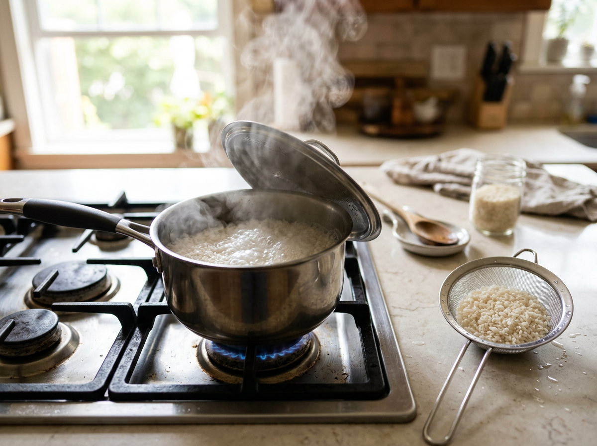 Saucepan of rice simmering with the lid tilted and steam rising, next to a fine mesh sieve of rinsed white rice grains
