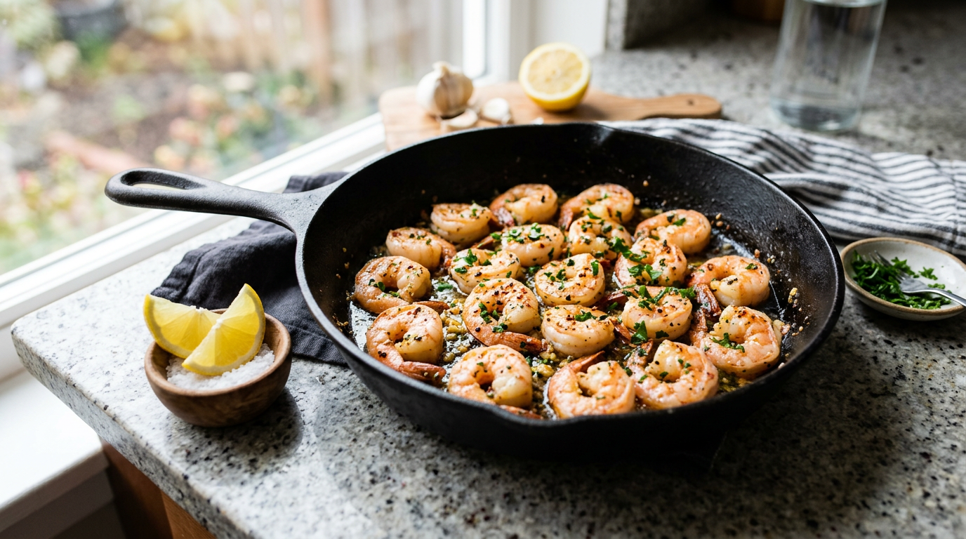 Pink sautéed shrimp curled into loose C shapes in a cast iron skillet with garlic butter, parsley, and lemon wedges