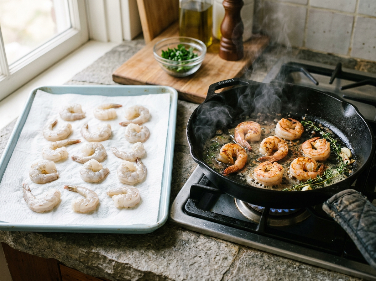 Raw peeled shrimp patted dry on paper towels beside shrimp searing in a single layer in a hot cast iron skillet