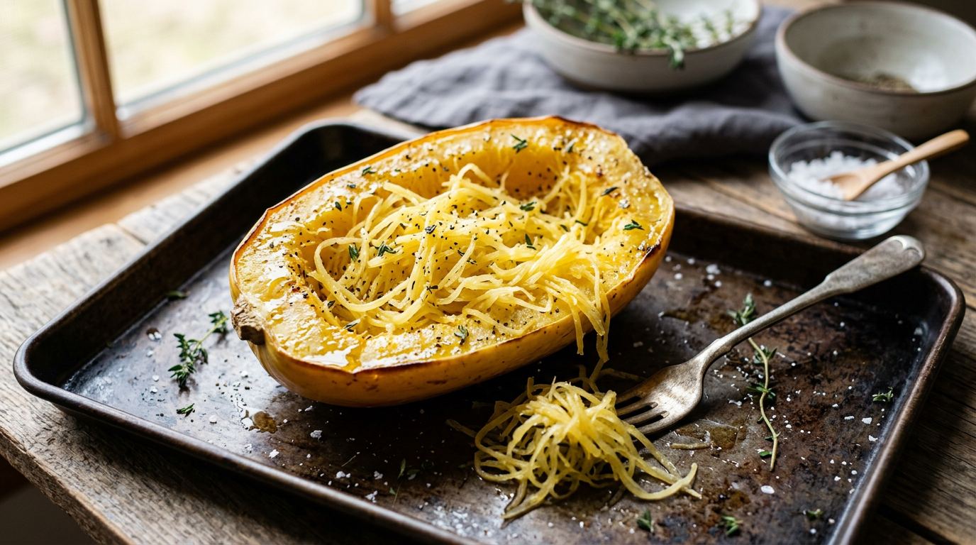 Roasted spaghetti squash half on a dark sheet pan with the flesh raked into golden strands, a fork, flaky salt, and fresh thyme