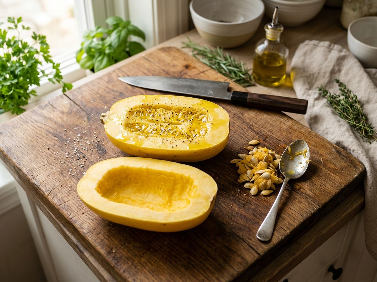 A spaghetti squash halved lengthwise on a wooden board, one half seeded and one half still holding seeds, with a chef knife, spoon, and olive oil