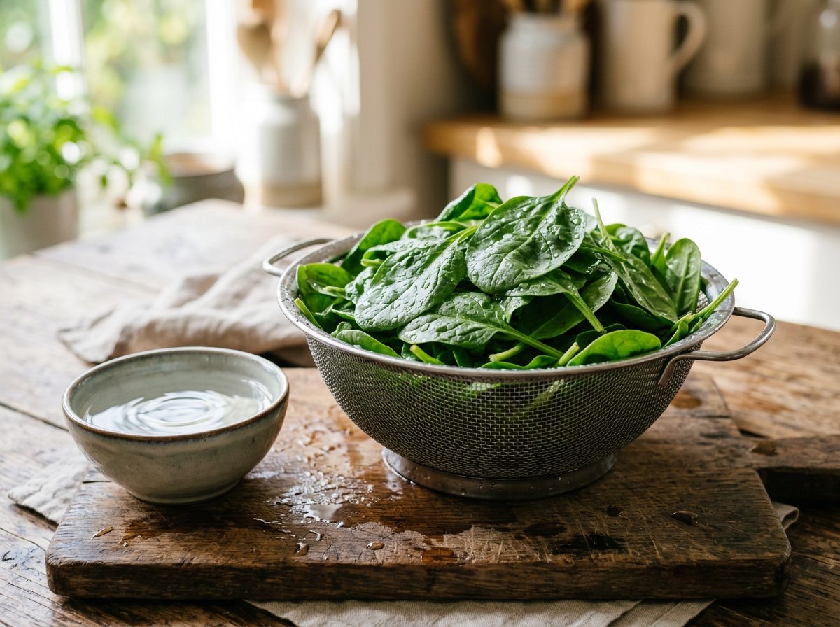 Raw baby spinach leaves washed and draining in a metal colander on a wooden board