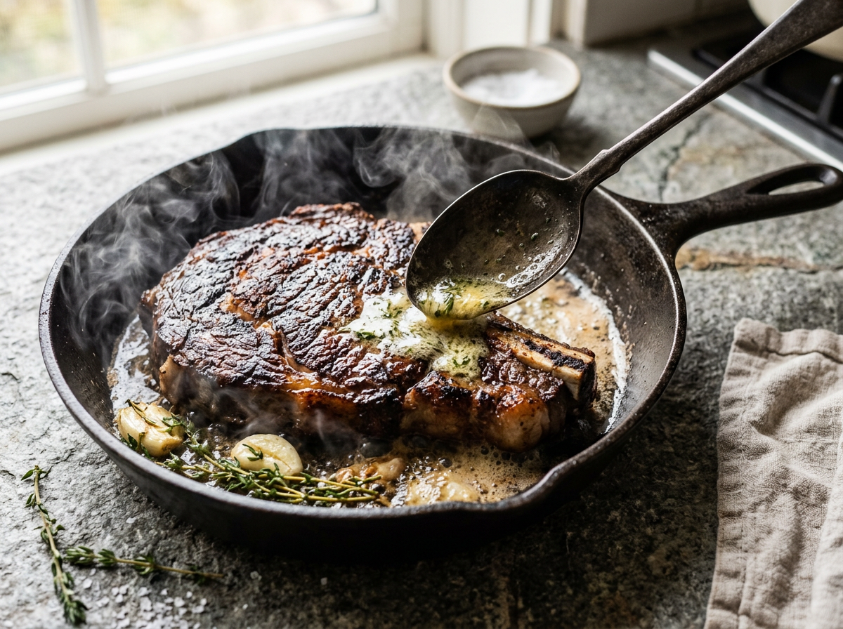 Steak searing in a hot cast iron skillet while foaming butter with garlic and thyme is spooned over the top
