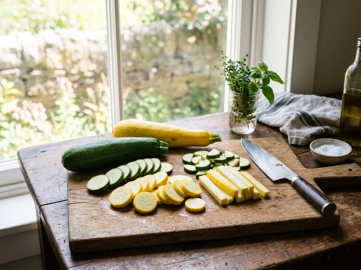 Whole green zucchini and yellow summer squash on a wooden board sliced into coins, half moons and planks beside a chef knife