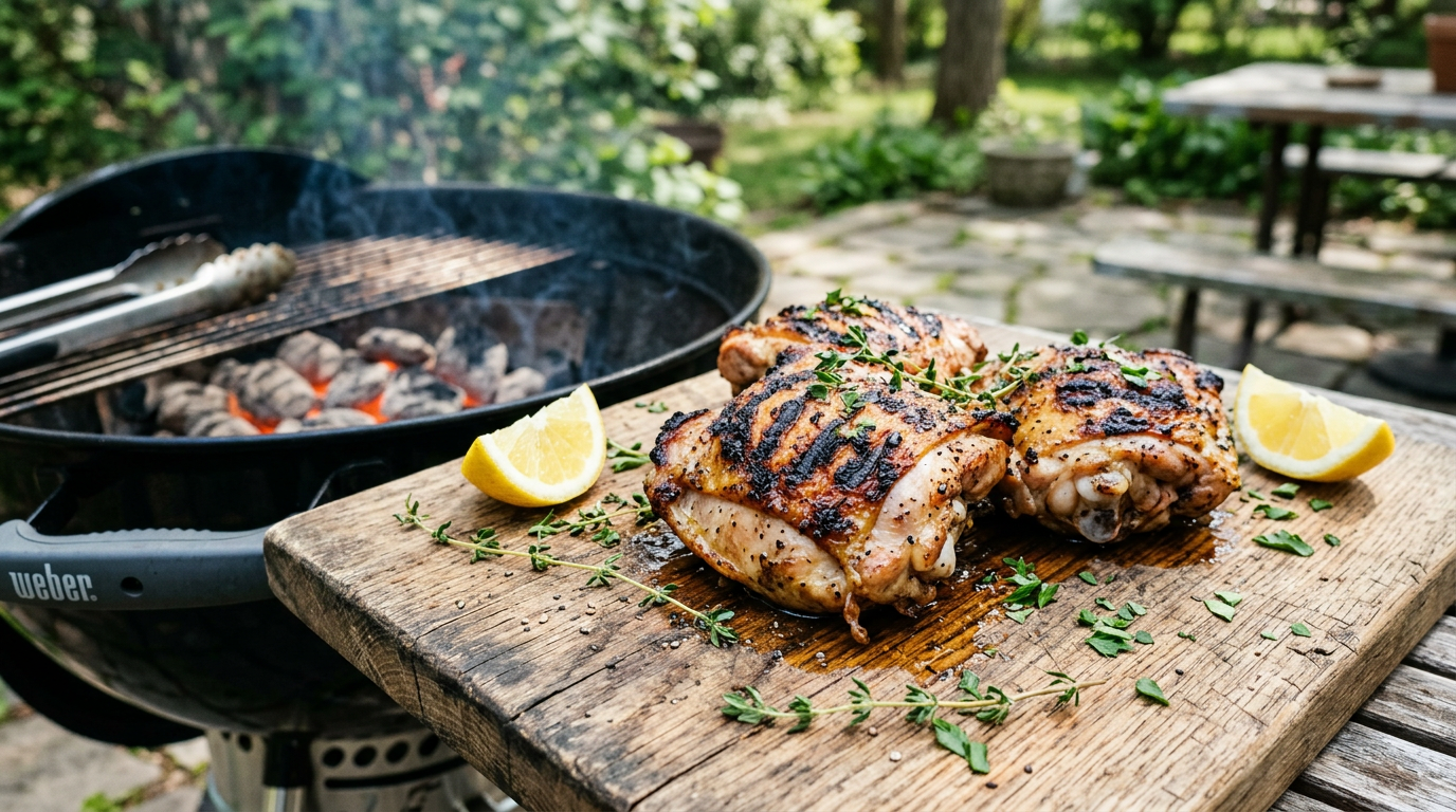 Grilled bone-in chicken thighs with crisp charred skin resting on a wooden board beside a charcoal grill with lemon and thyme