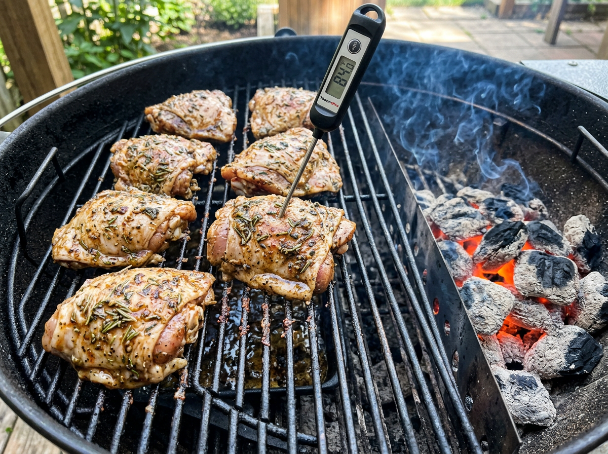 Marinated chicken thighs cooking on the cooler side of a two zone charcoal grill with an instant-read thermometer inserted in one thigh