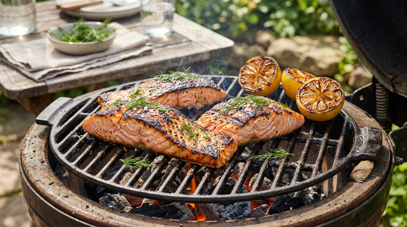 Grilled salmon fillets with charred edges and crisp skin on a charcoal grill grate beside charring lemon halves and fresh dill