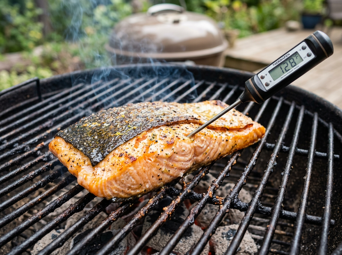 Salmon fillet skin side down on an oiled grill grate with an instant-read thermometer inserted into the thickest part