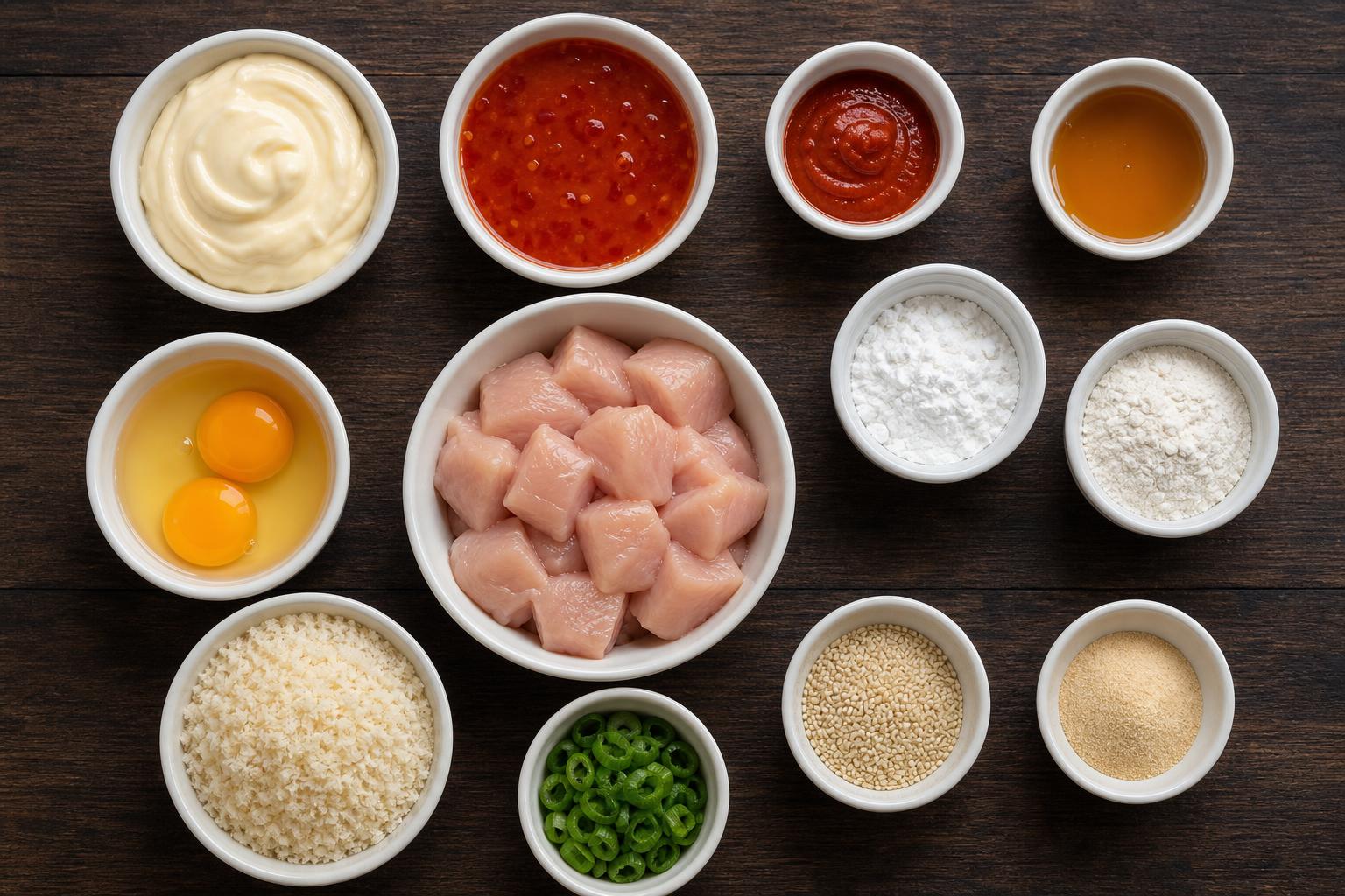 Overhead flat-lay of all ingredients for Crispy Bang Bang Chicken (30 Minutes) laid out on a kitchen surface.
